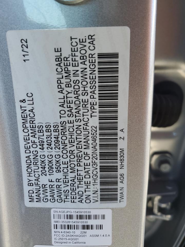 2022 HONDA ACCORD HYBRID SPORT VIN:1HGCV3F20NA046522