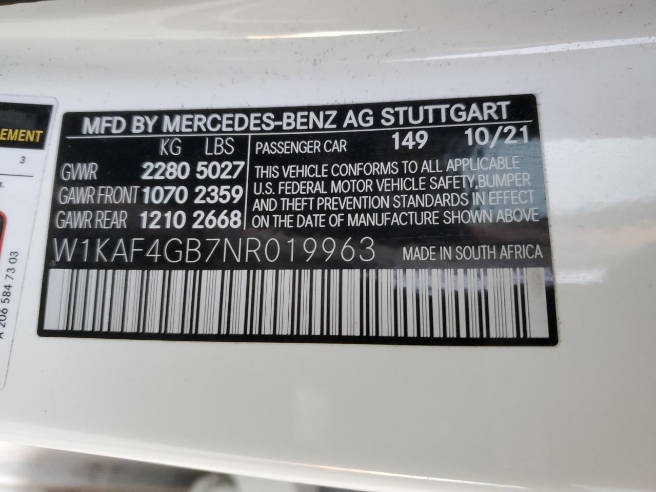 2022 MERCEDES-BENZ C 300 VIN:W1KAF4GB7NR019963