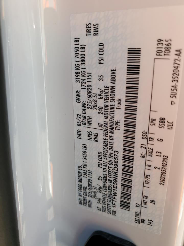 2022 FORD F150 SUPERCREW VIN:1FTFW1E59NKD96573