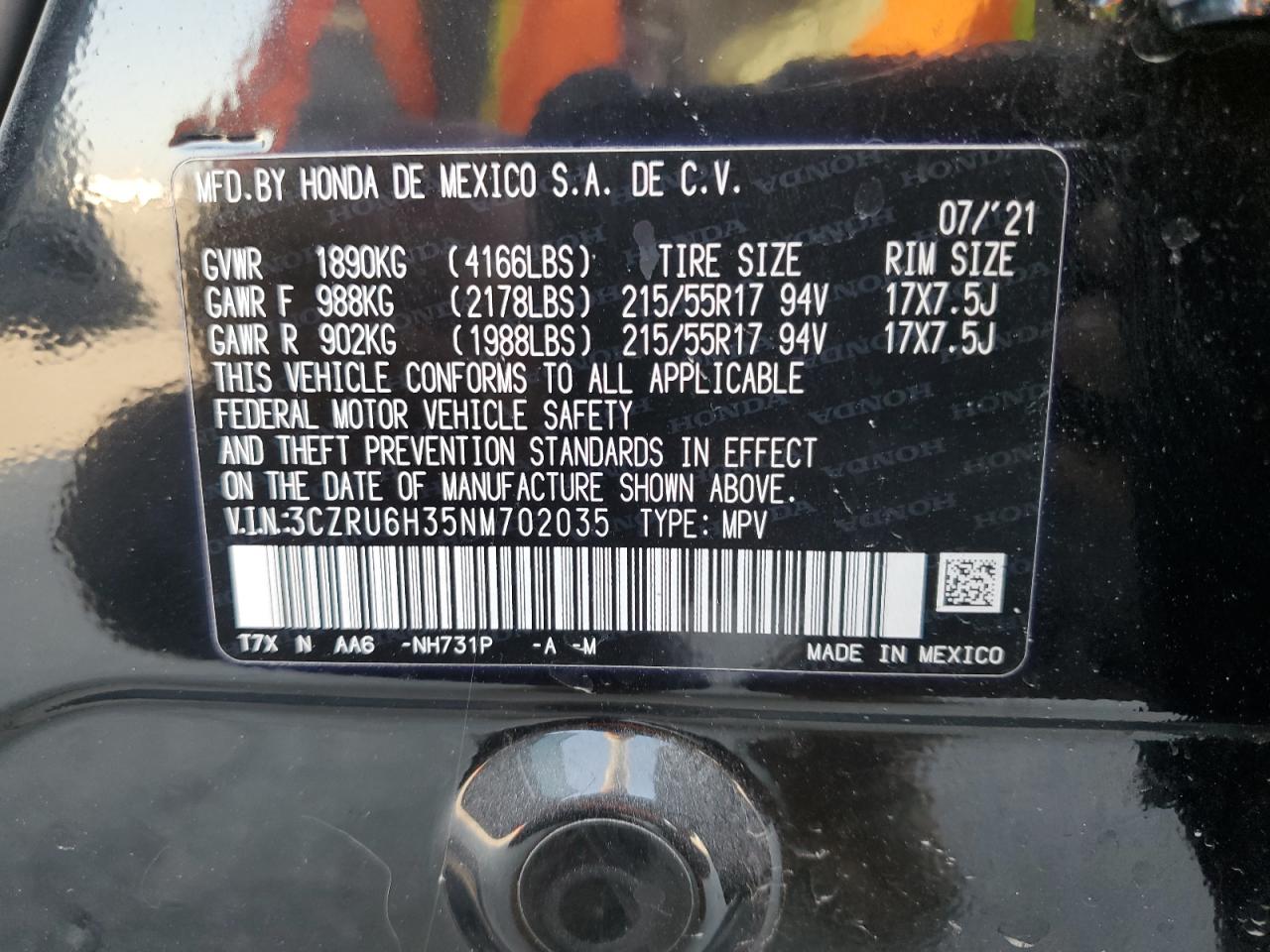2022 HONDA HR-V LX VIN:3CZRU6H35NM702035