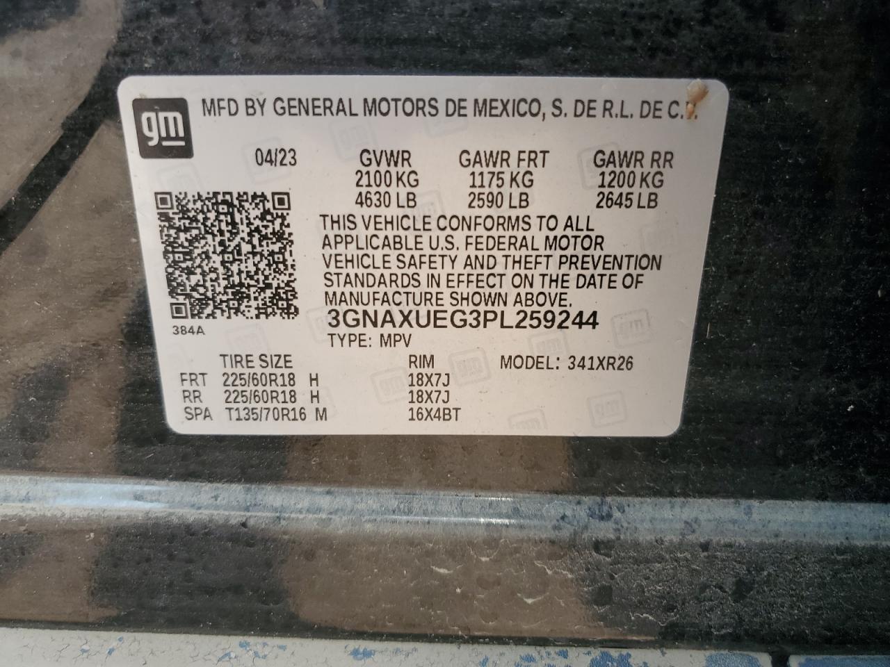 2023 CHEVROLET EQUINOX LT VIN:3GNAXUEG3PL259244