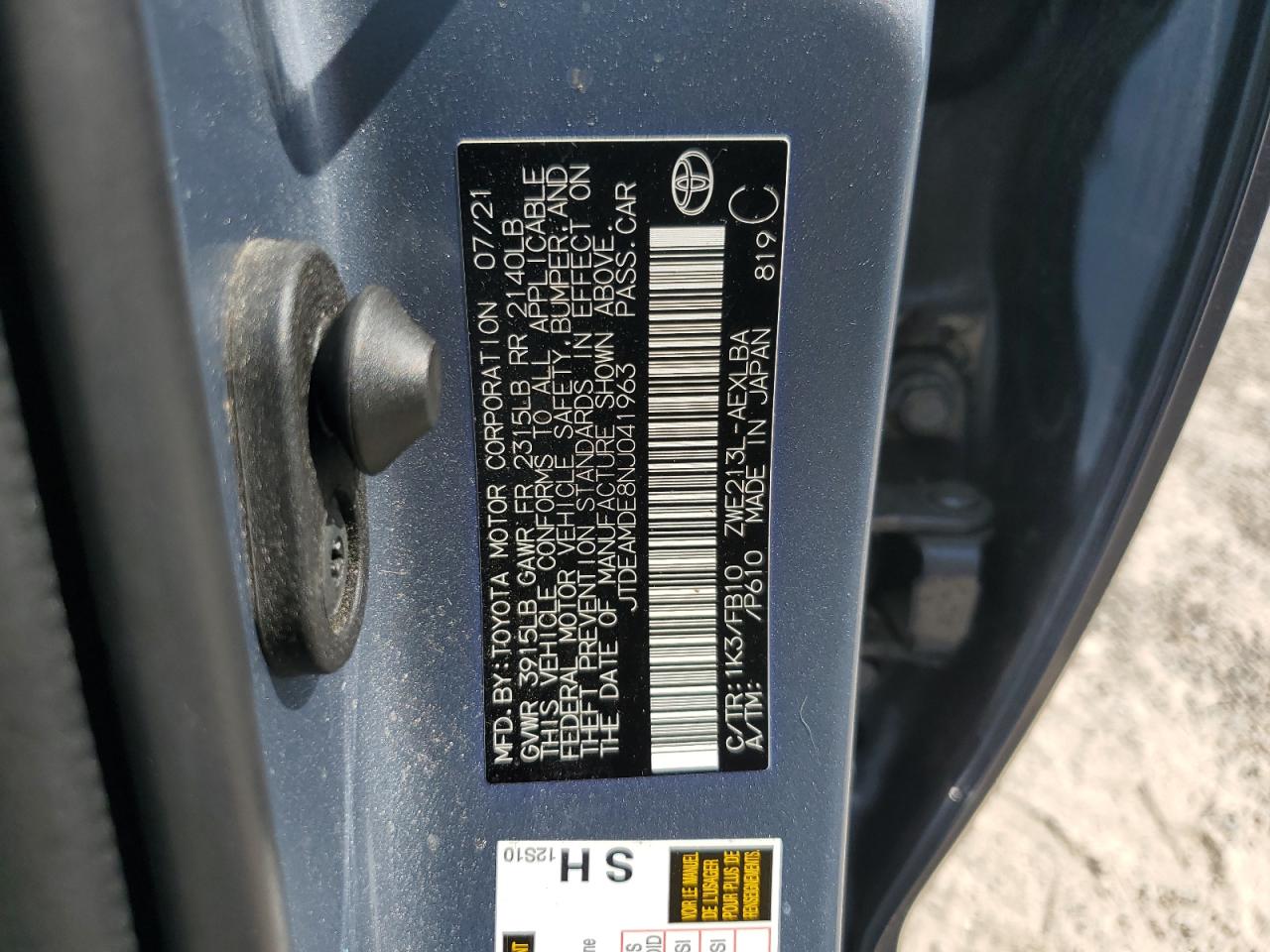 2022 TOYOTA COROLLA LE VIN:JTDEAMDE8NJ041963