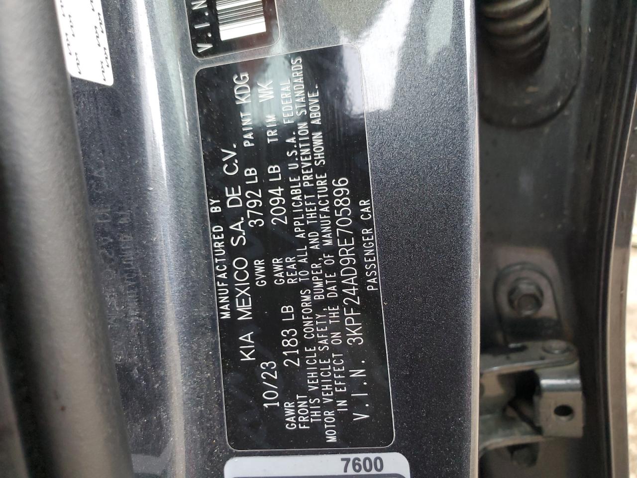 2024 KIA FORTE LX VIN:3KPF24AD9RE705896