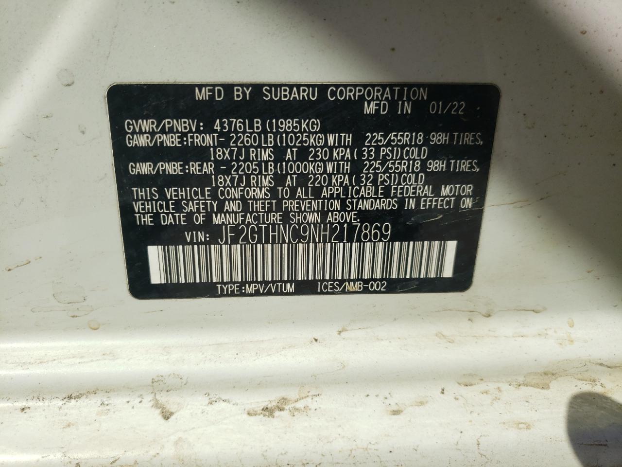 2022 SUBARU CROSSTREK LIMITED VIN:JF2GTHNC9NH217869