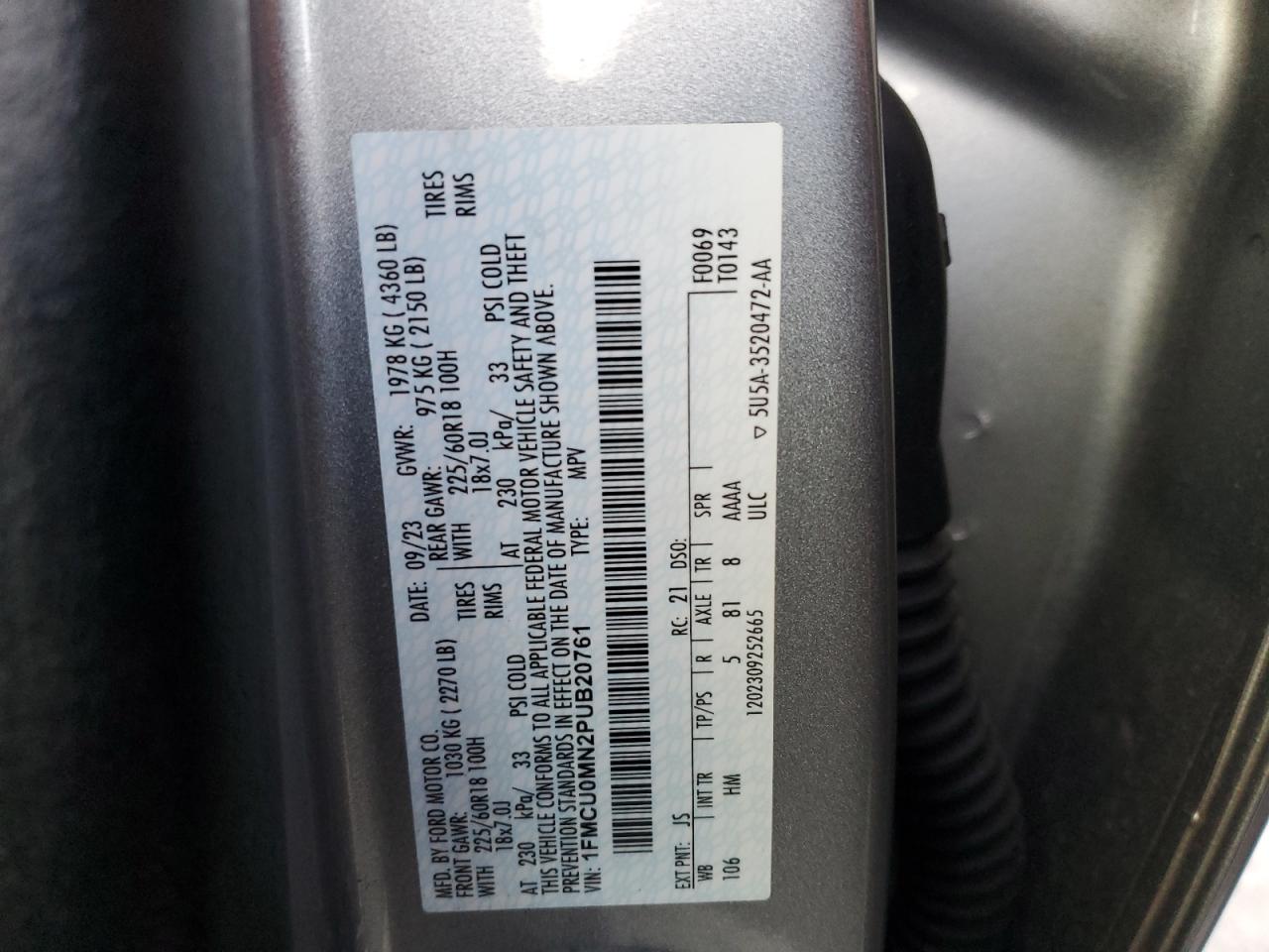 2023 FORD ESCAPE ST LINE VIN:1FMCU0MN2PUB20761