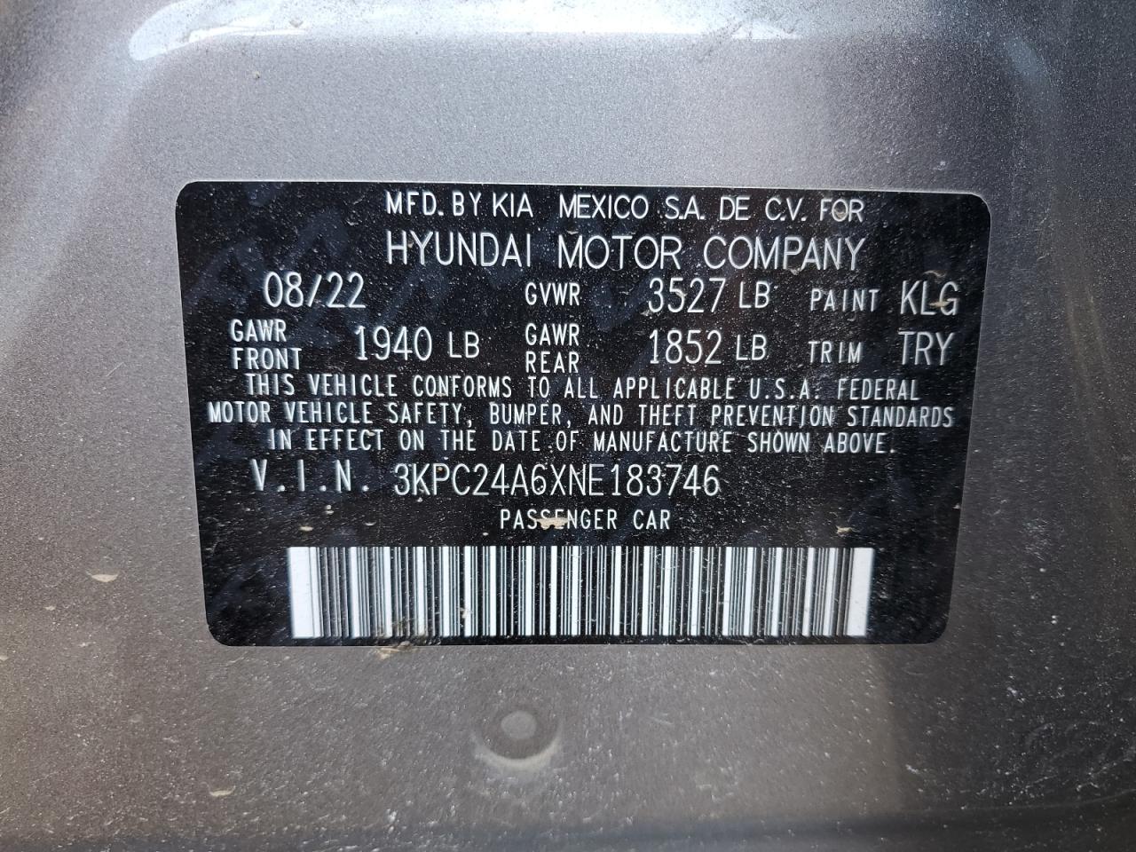 2022 HYUNDAI ACCENT SE VIN:3KPC24A6XNE183746