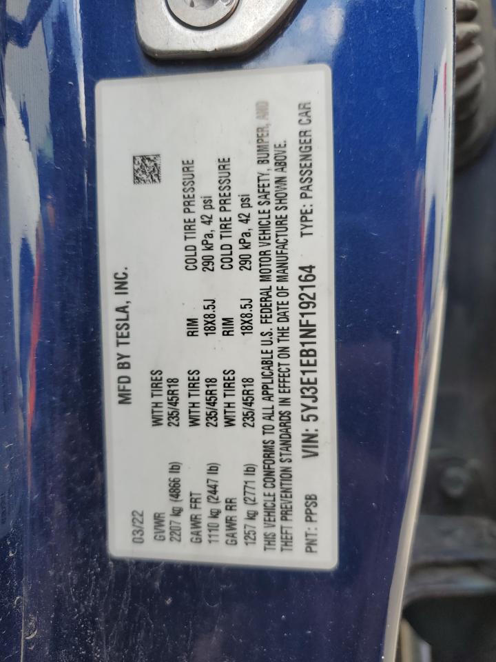2022 TESLA MODEL 3  VIN:5YJ3E1EB1NF192164