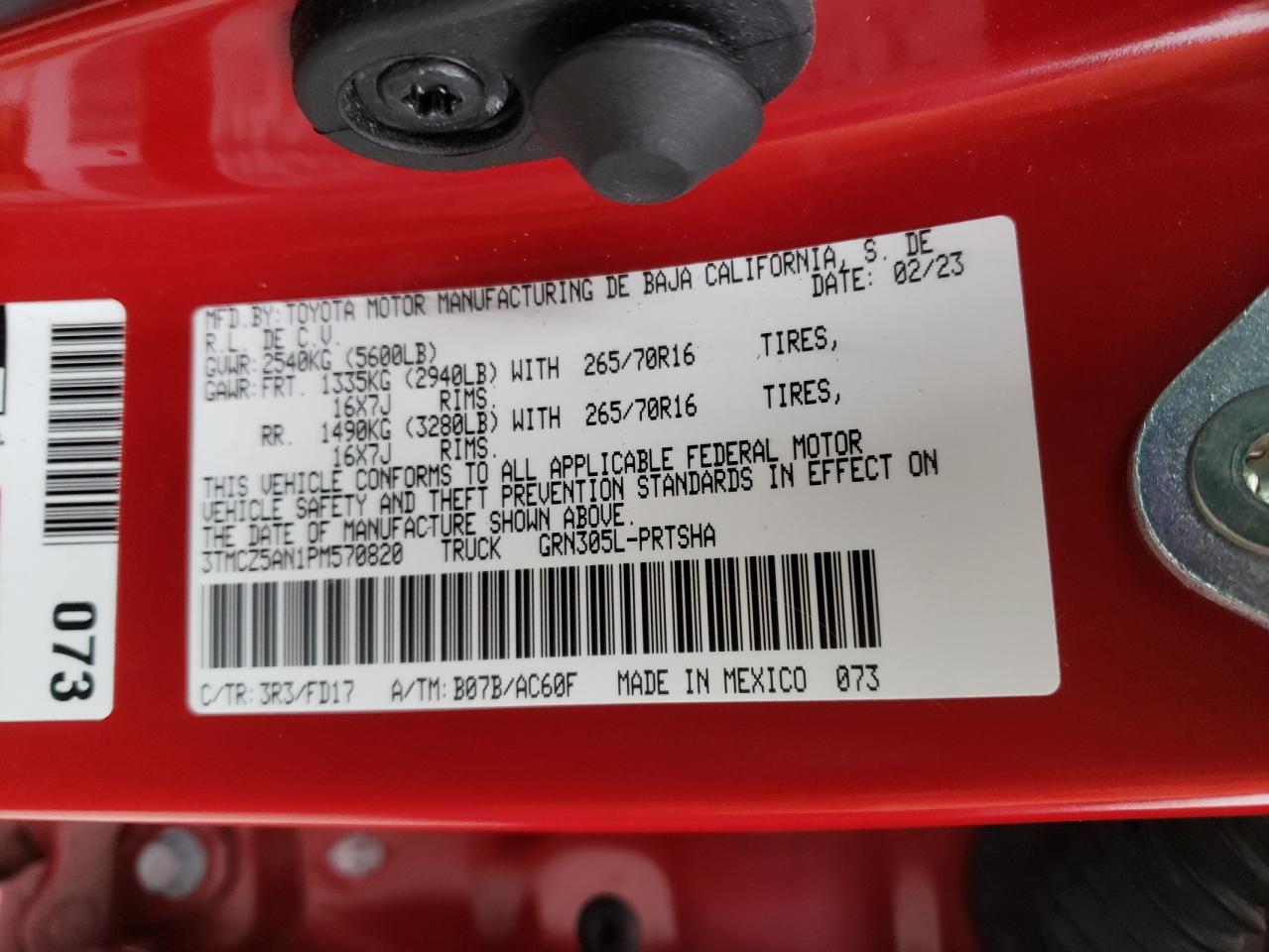 2023 TOYOTA TACOMA DOUBLE CAB VIN:3TMCZ5AN1PM570820