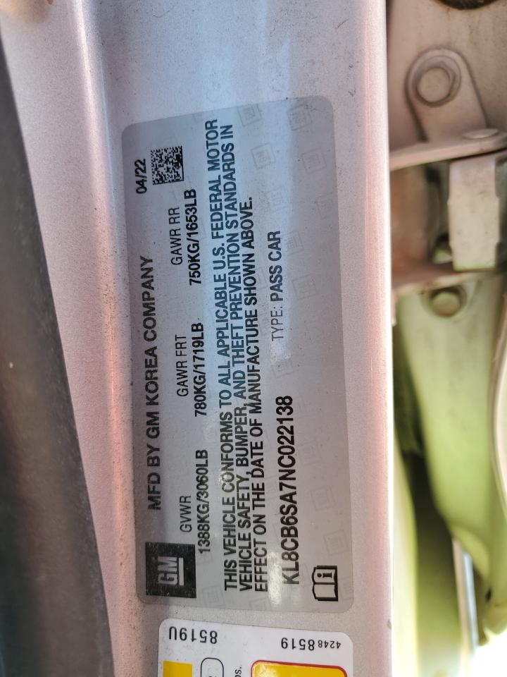 2022 CHEVROLET SPARK LS VIN:KL8CB6SA7NC022138