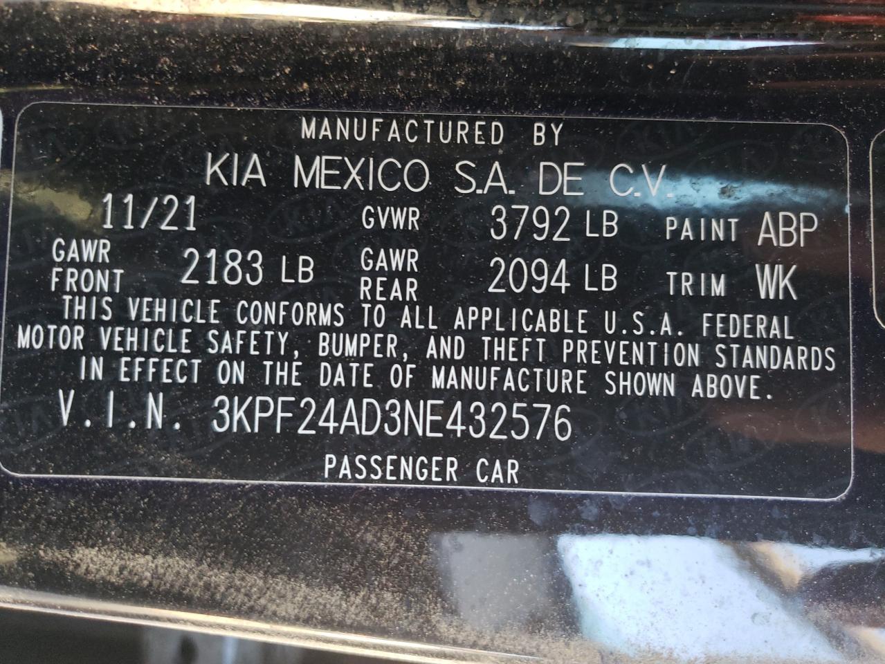 2022 KIA FORTE FE VIN:3KPF24AD3NE432576