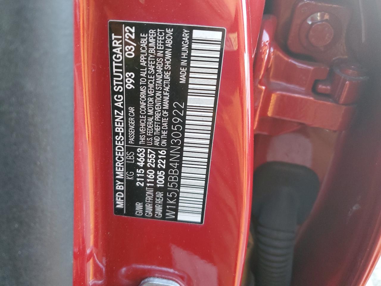 2022 MERCEDES-BENZ CLA AMG 35 4MATIC VIN:W1K5J5BB4NN305922