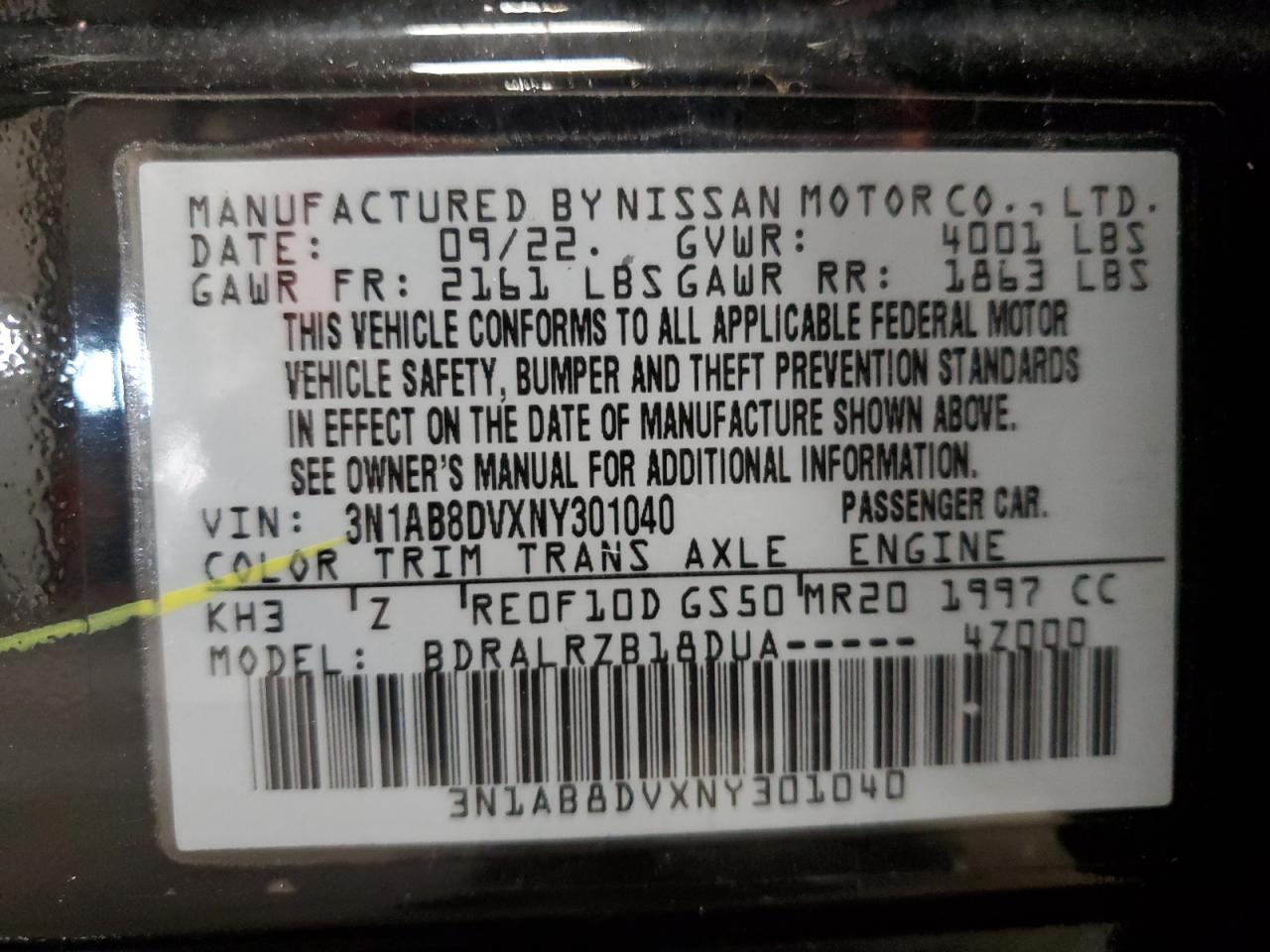 2022 NISSAN SENTRA SR VIN:3N1AB8DVXNY301040