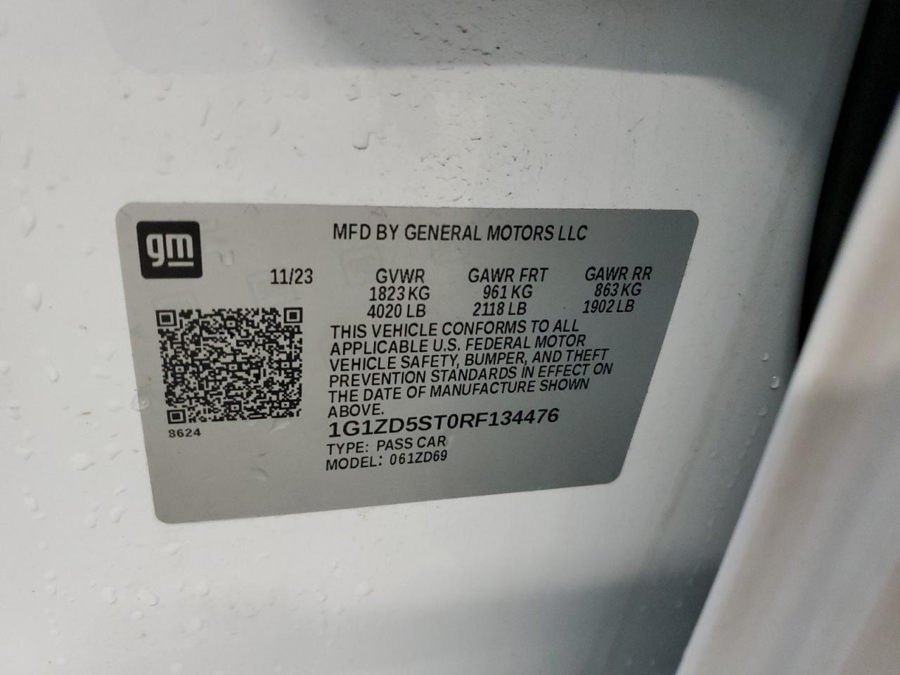 2024 CHEVROLET MALIBU LT VIN:1G1ZD5ST0RF134476