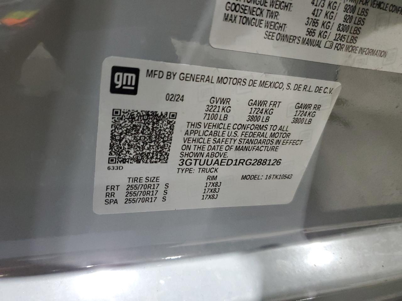 2024 GMC SIERRA K1500 VIN:3GTUUAED1RG288126
