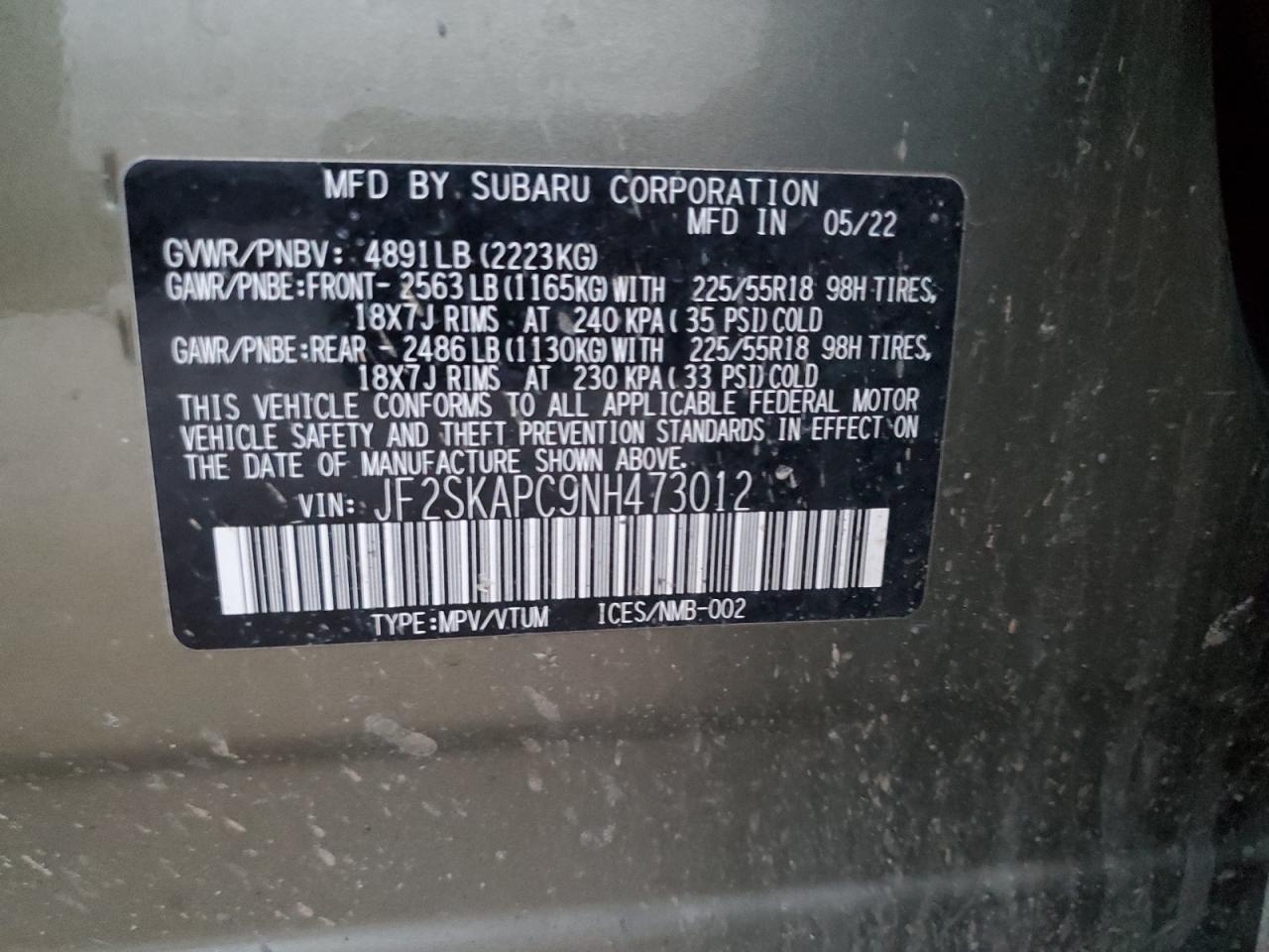 2022 SUBARU FORESTER LIMITED VIN:JF2SKAPC9NH473012