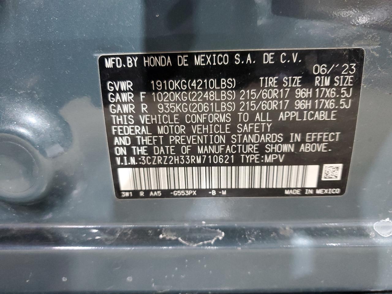 2024 HONDA HR-V LX VIN:3CZRZ2H33RM710621
