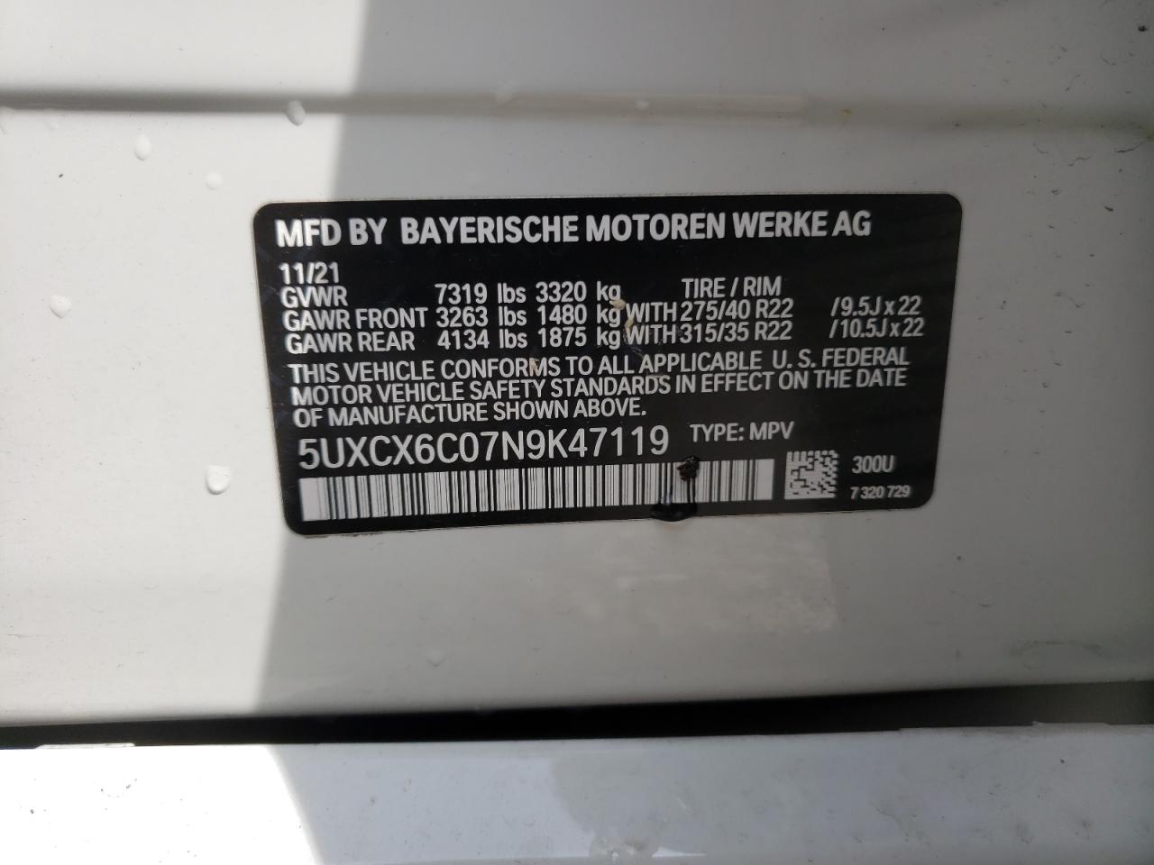2022 BMW X7 M50I VIN:5UXCX6C07N9K47119