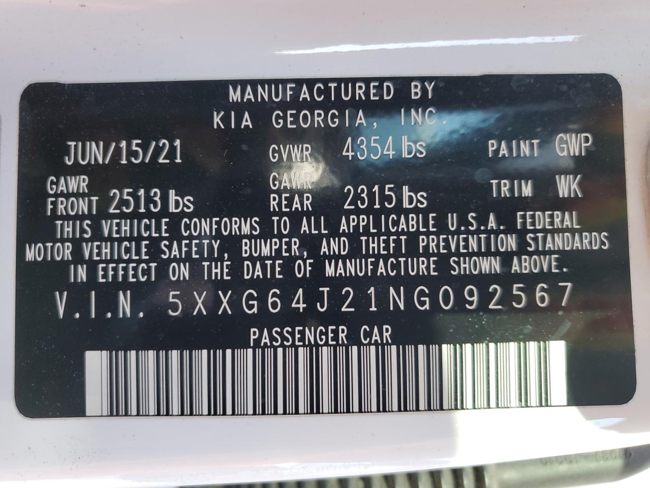 2022 KIA K5 GT LINE VIN:5XXG64J21NG092567