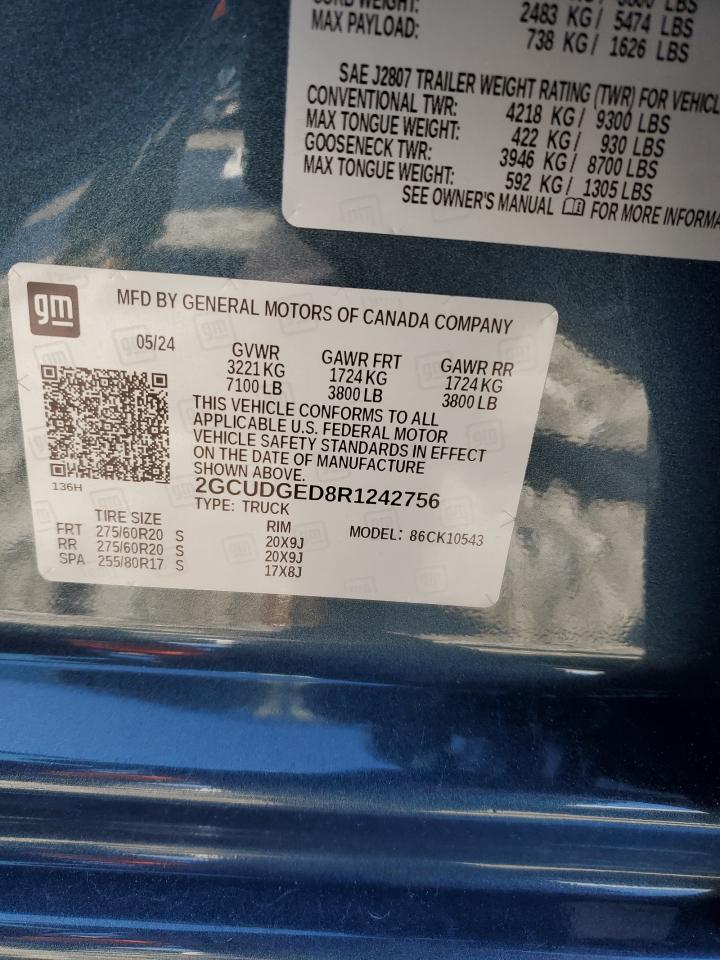 2024 CHEVROLET SILVERADO K1500 LTZ VIN:2GCUDGED8R1242756