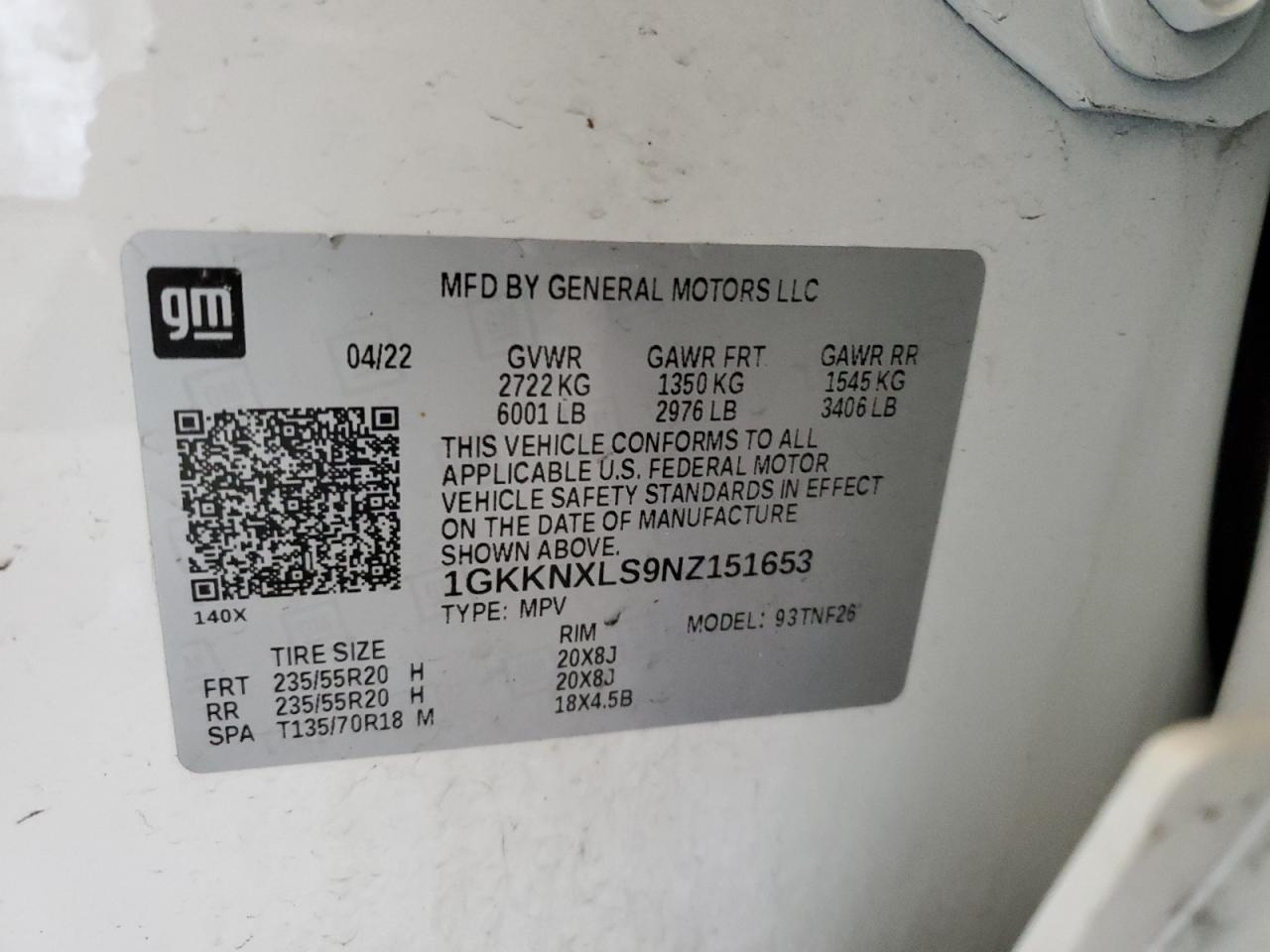 2022 GMC ACADIA DENALI VIN:1GKKNXLS9NZ151653