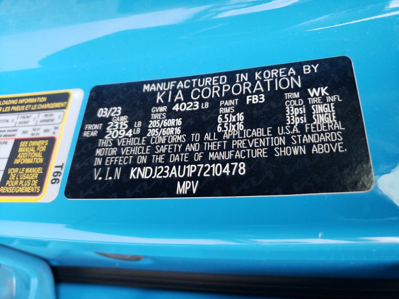2023 KIA SOUL LX VIN:KNDJ23AU1P7210478