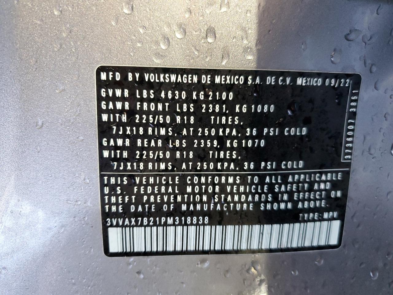 2023 VOLKSWAGEN TAOS S VIN:3VVAX7B21PM318838