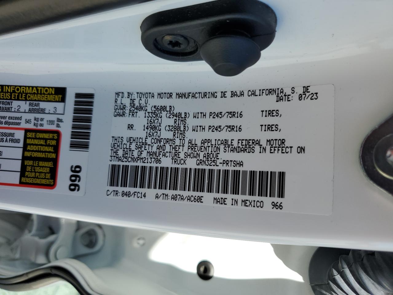 2023 TOYOTA TACOMA DOUBLE CAB VIN:3TMAZ5CNXPM213706