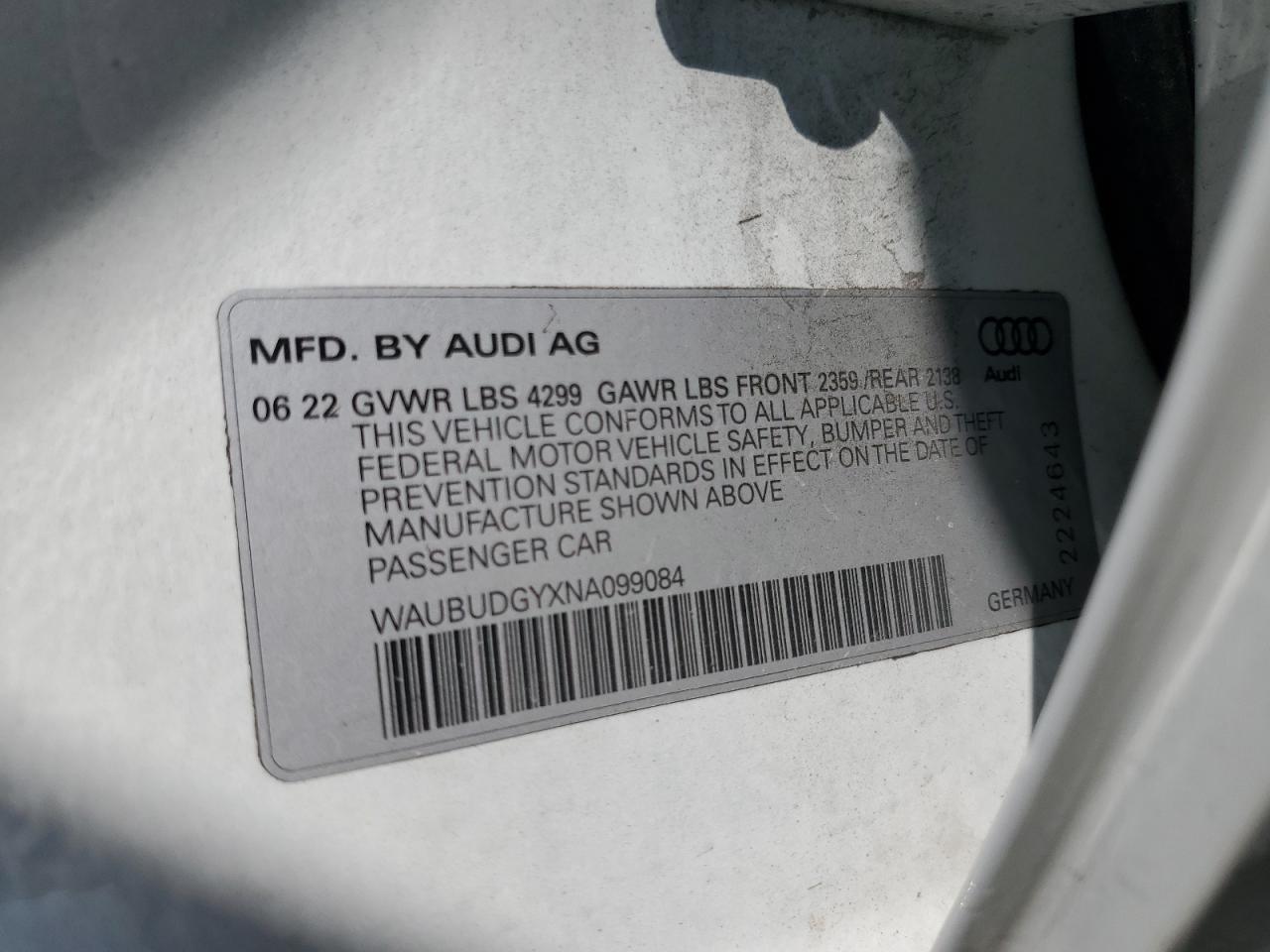 2022 AUDI A3 PREMIUM PLUS VIN:WAUBUDGYXNA099084