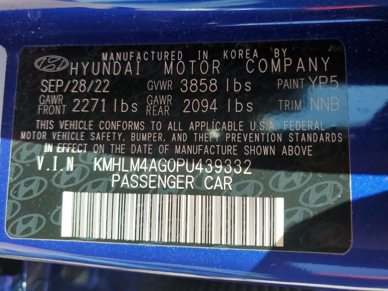 2023 HYUNDAI ELANTRA SEL VIN:KMHLM4AG0PU439332