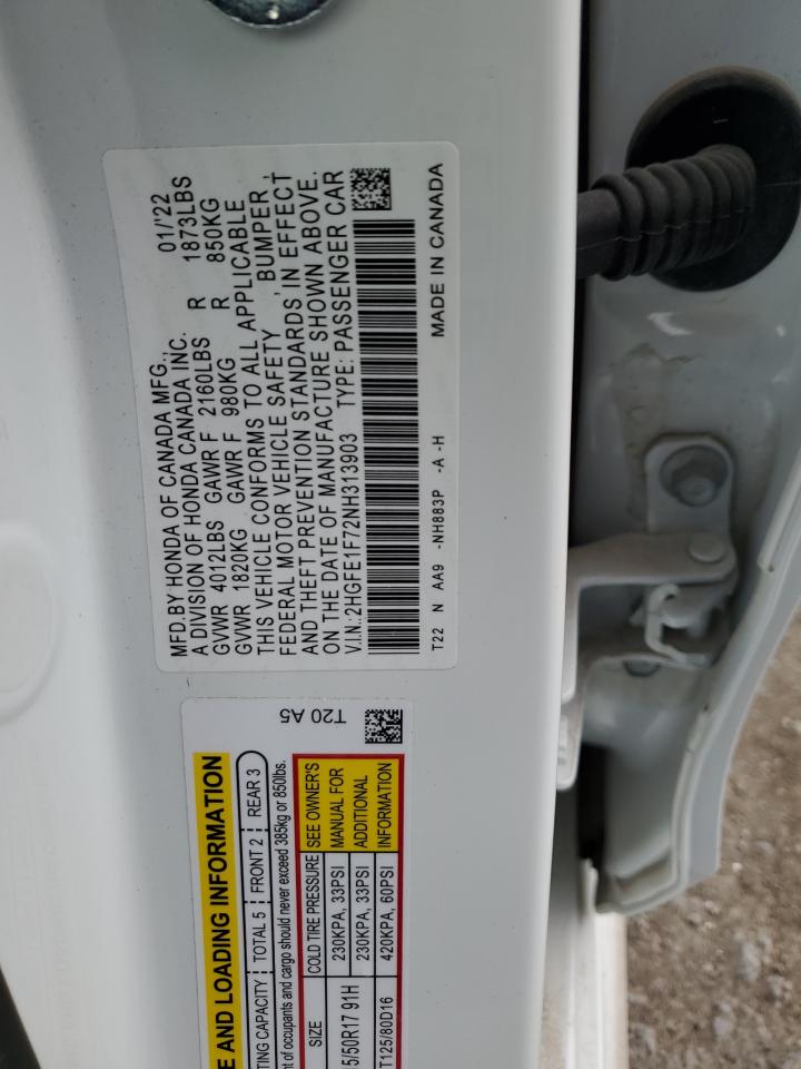 2022 HONDA CIVIC EX VIN:2HGFE1F72NH313903