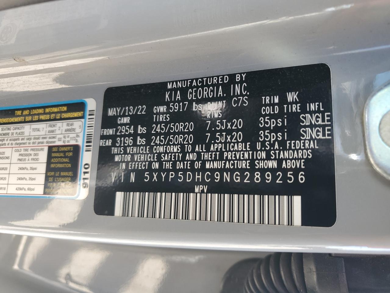 2022 KIA TELLURIDE SX VIN:5XYP5DHC9NG289256