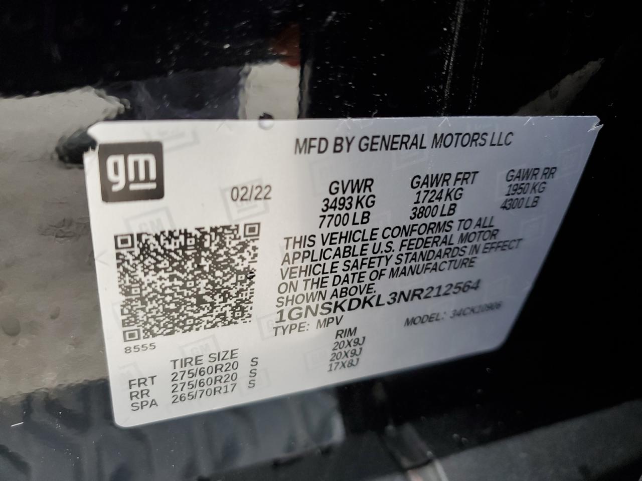 2022 CHEVROLET SUBURBAN K1500 Z71 VIN:1GNSKDKL3NR212564