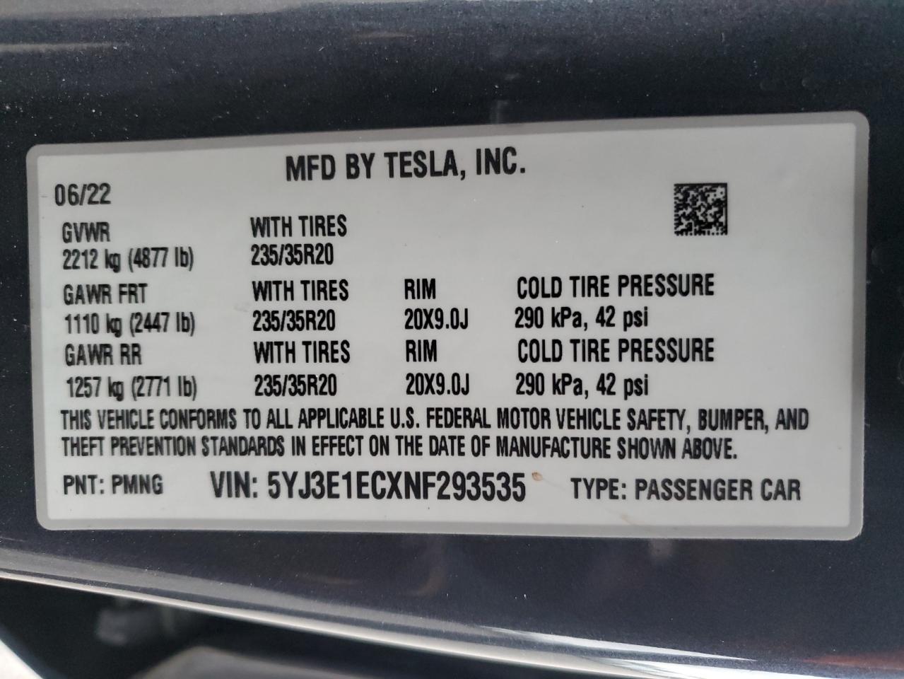 2022 TESLA MODEL 3  VIN:5YJ3E1ECXNF293535
