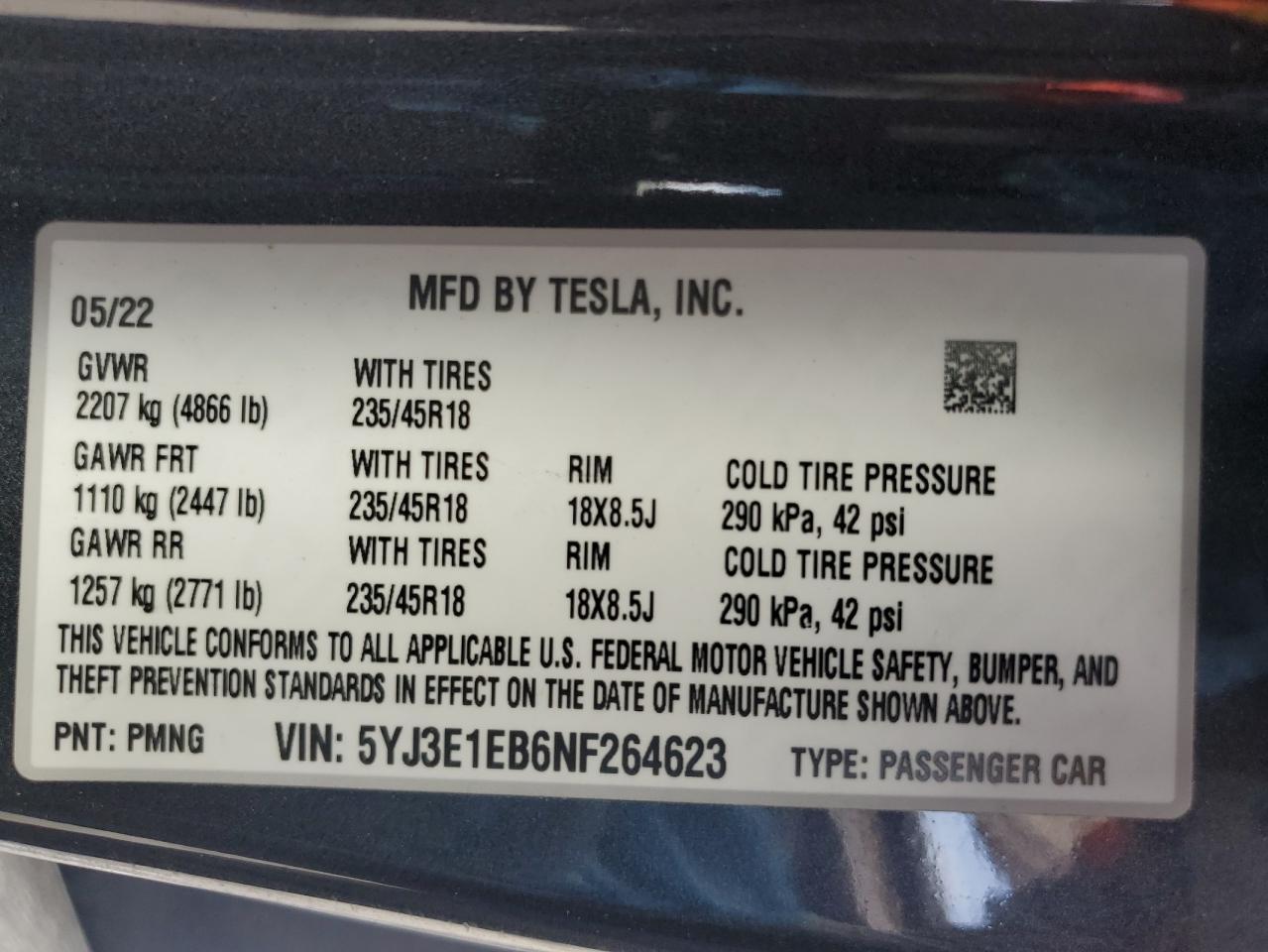 2022 TESLA MODEL 3  VIN:5YJ3E1EB6NF264623