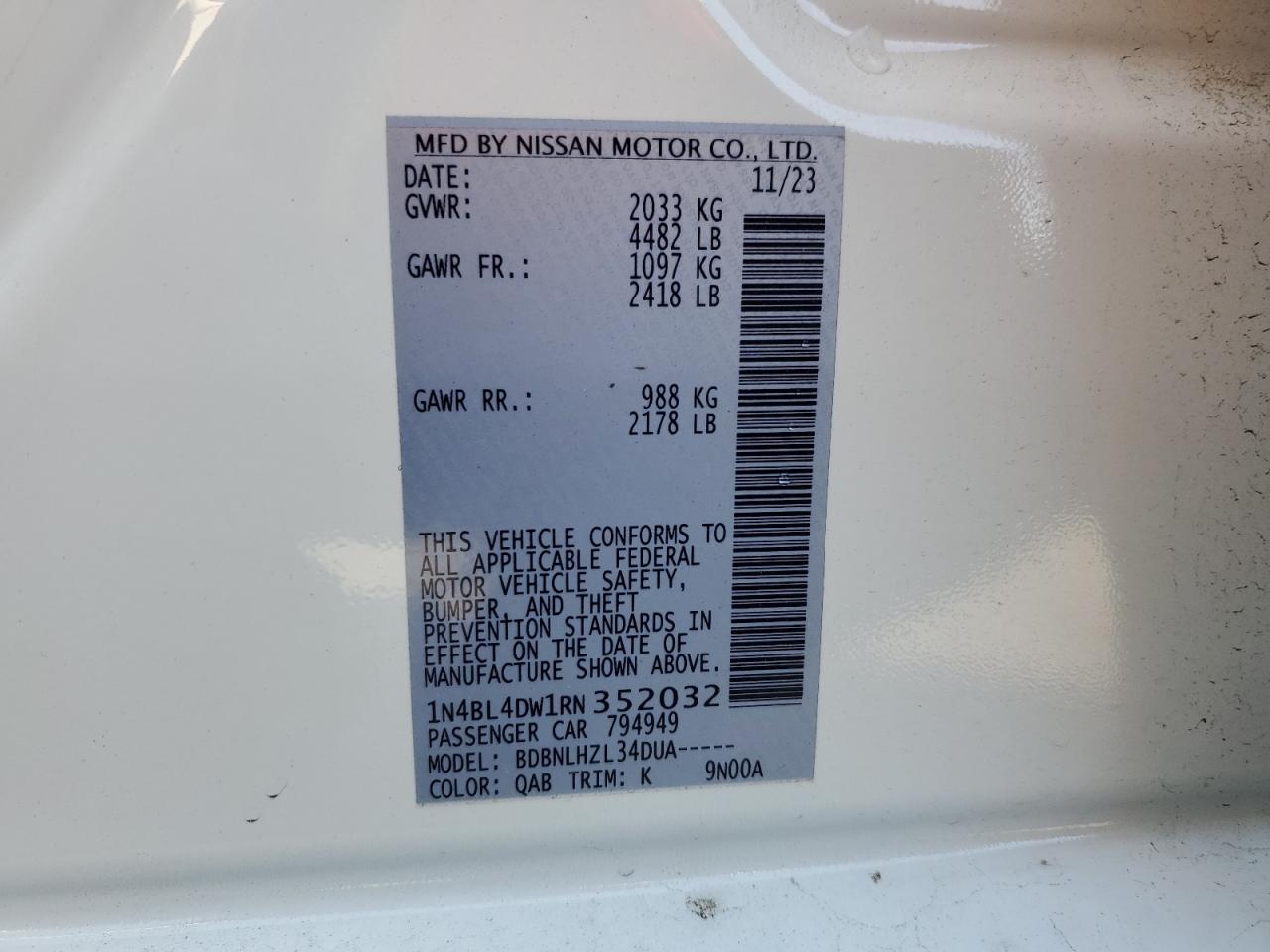 2024 NISSAN ALTIMA SV VIN:1N4BL4DW1RN352032