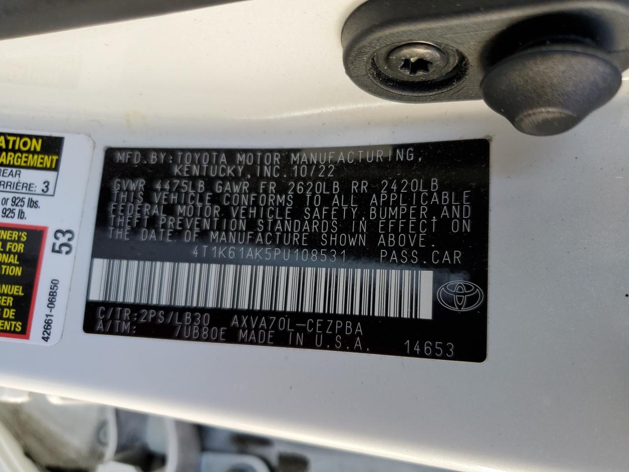 2023 TOYOTA CAMRY XSE VIN:4T1K61AK5PU108531