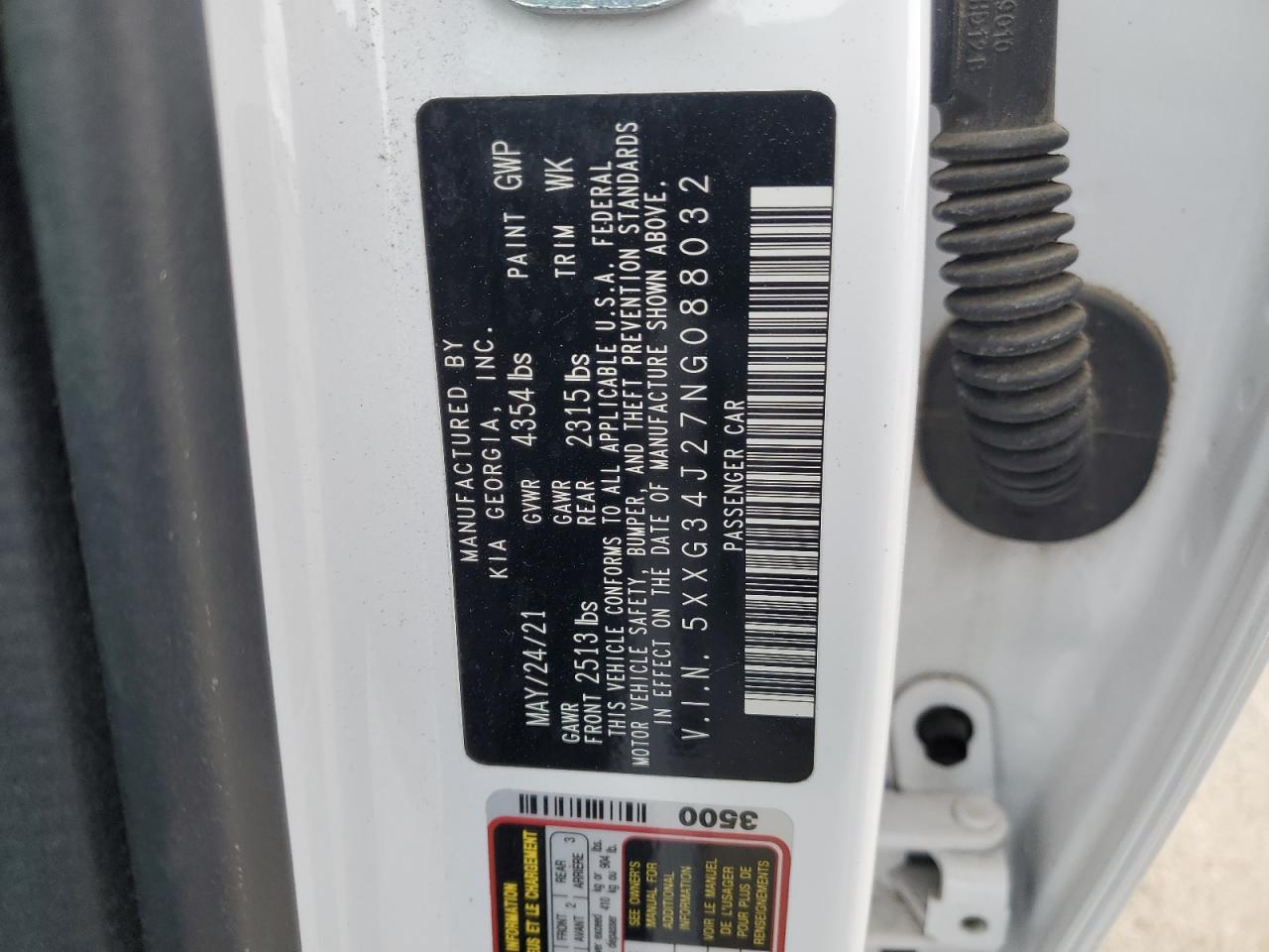 2022 KIA K5 EX VIN:5XXG34J27NG088032