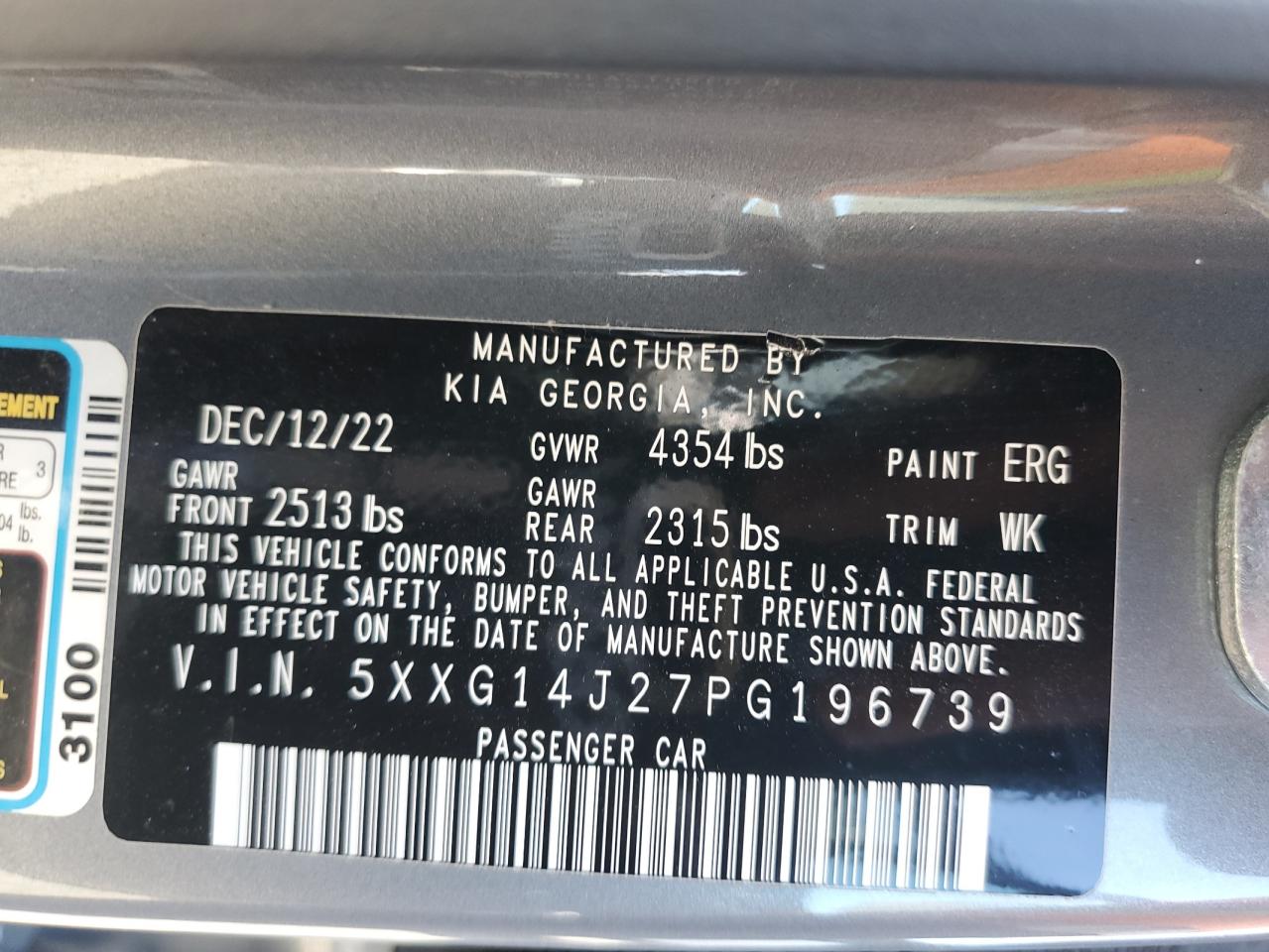 2023 KIA K5 LXS VIN:5XXG14J27PG196739