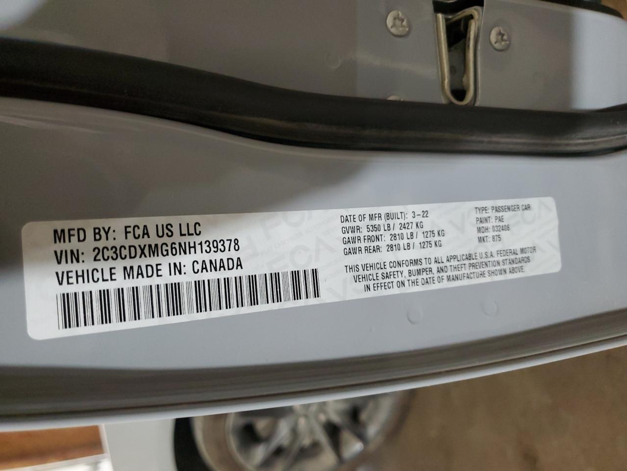 2022 DODGE CHARGER GT VIN:2C3CDXMG6NH139378