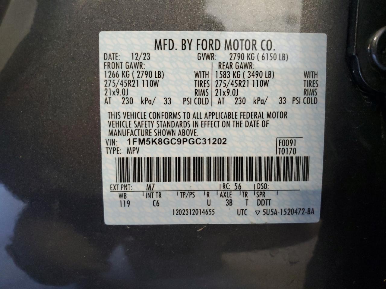 2023 FORD EXPLORER ST VIN:1FM5K8GC9PGC31202