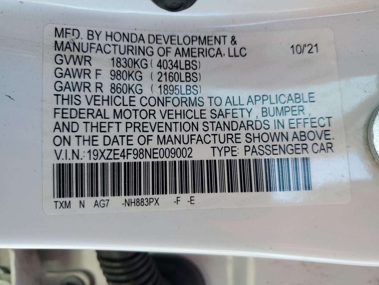 2022 HONDA INSIGHT TOURING VIN:19XZE4F98NE009002