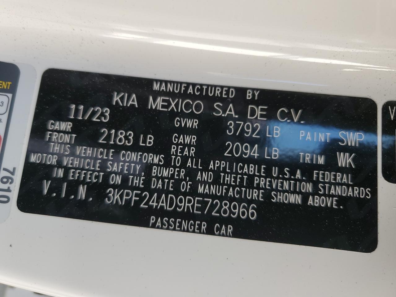 2024 KIA FORTE LX VIN:3KPF24AD9RE728966