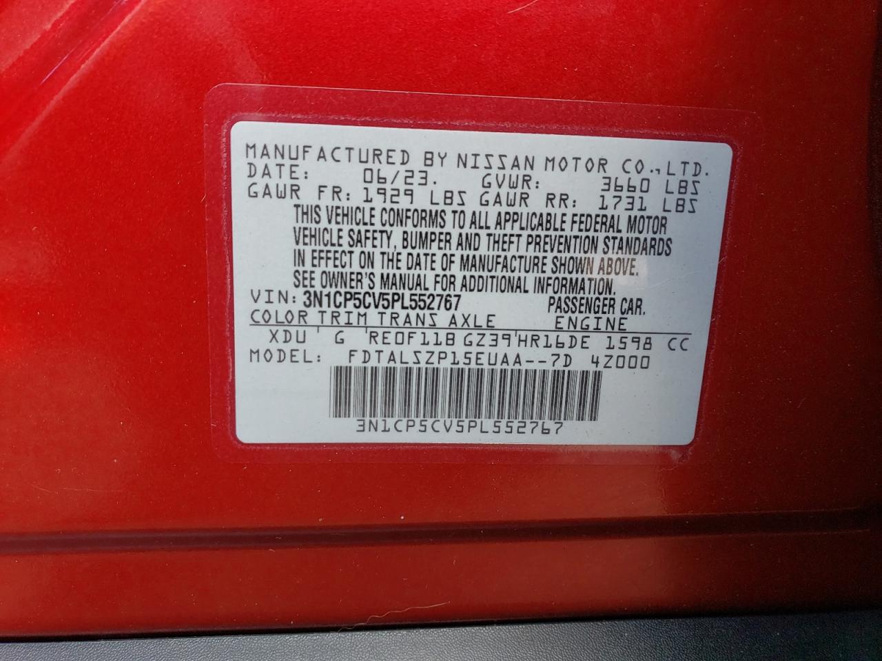 2023 NISSAN KICKS SV VIN:3N1CP5CV5PL552767