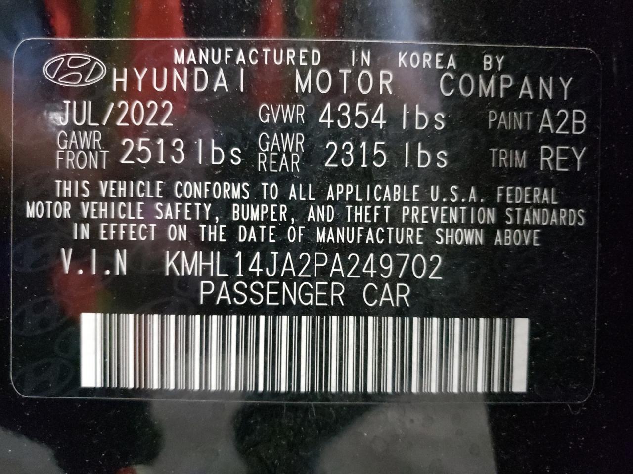 2023 HYUNDAI SONATA SEL VIN:KMHL14JA2PA249702