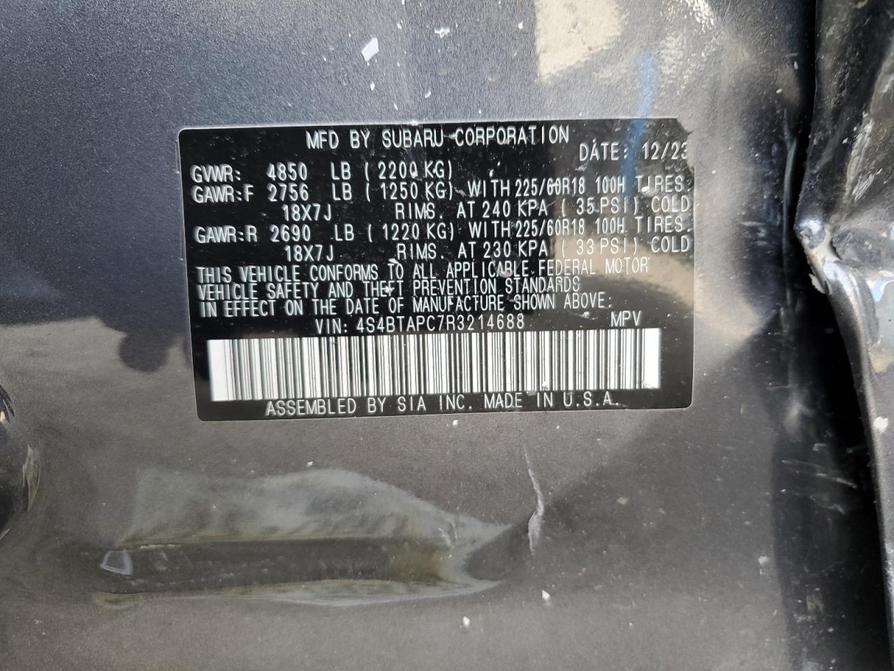 2024 SUBARU OUTBACK TOURING VIN:4S4BTAPC7R3214688