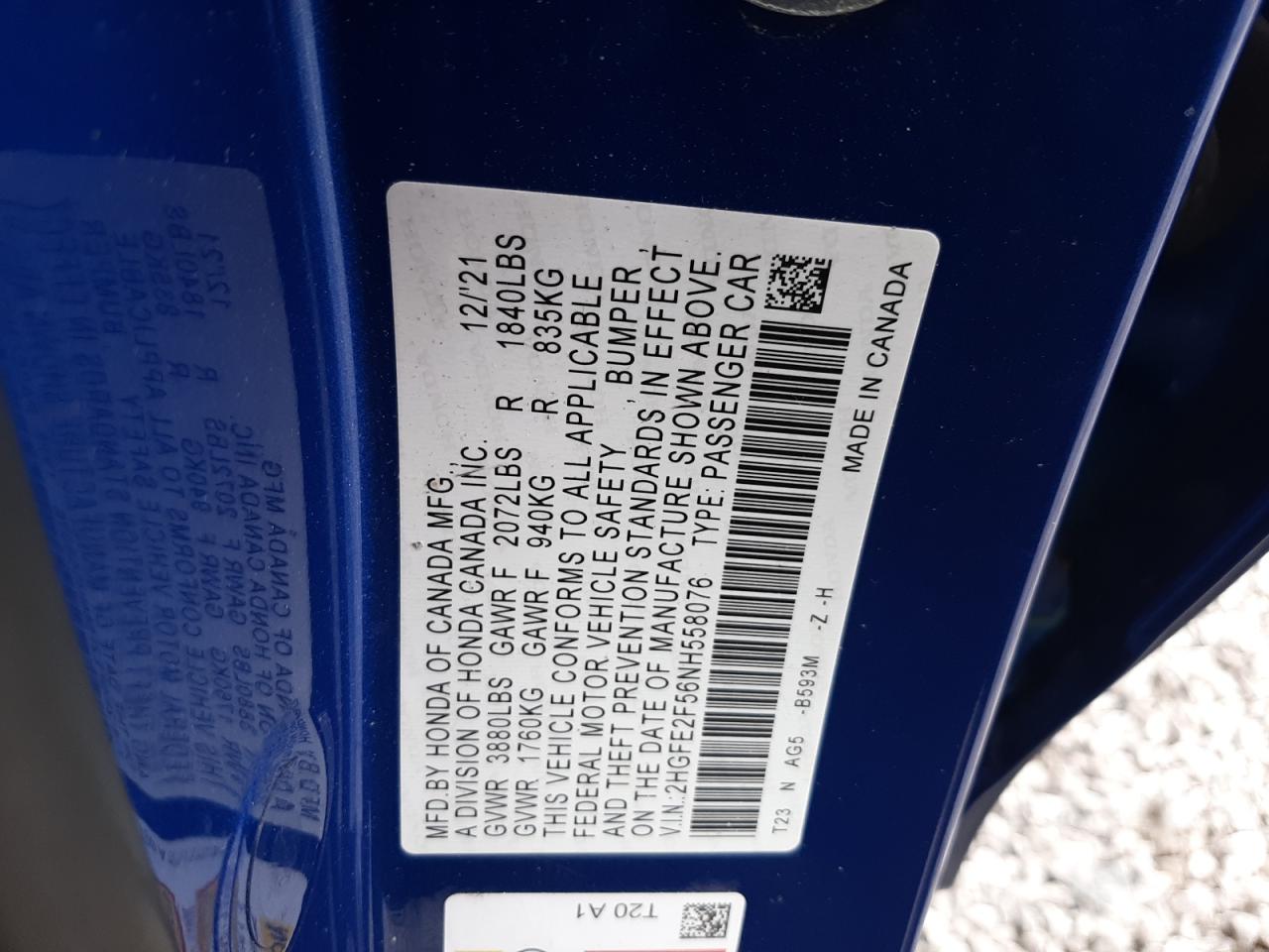 2022 HONDA CIVIC SPORT VIN:2HGFE2F56NH558076