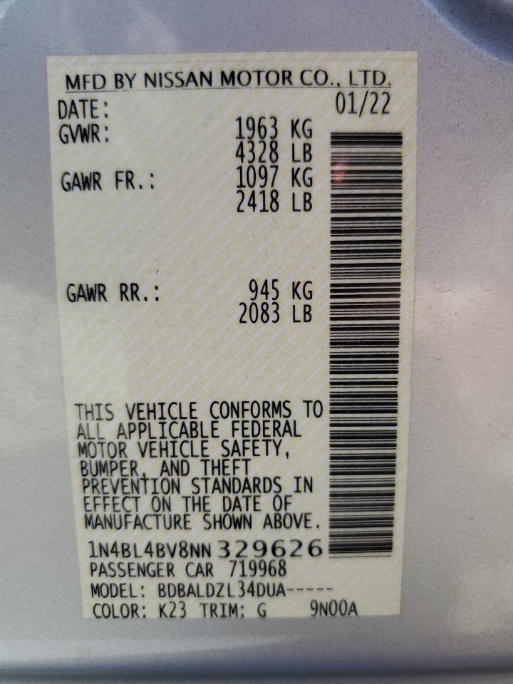 2022 NISSAN ALTIMA S VIN:1N4BL4BV8NN329626