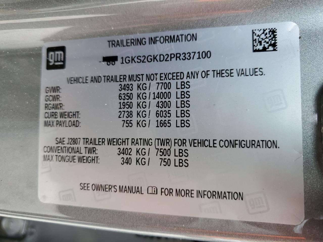 2023 GMC YUKON XL K1500 SLT VIN:1GKS2GKD2PR337100