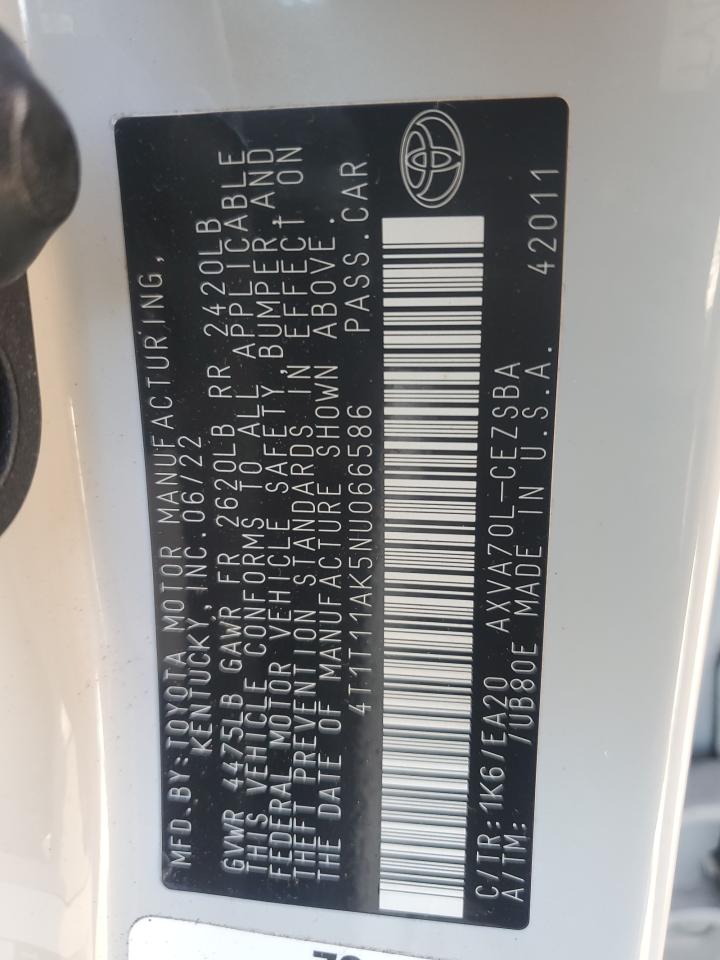 2022 TOYOTA CAMRY SE VIN:4T1T11AK5NU066586