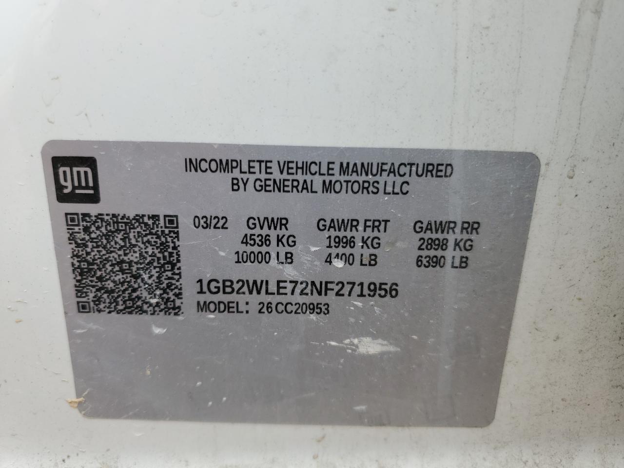 2022 CHEVROLET SILVERADO C2500 HEAVY DUTY VIN:1GB2WLE72NF271956